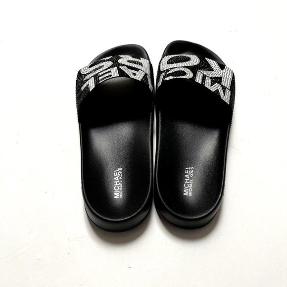 NWOB MICHAEL KORS Rhinestone Slide Sandals Black Sparkle Flats Rubber - Picture 5 of 10